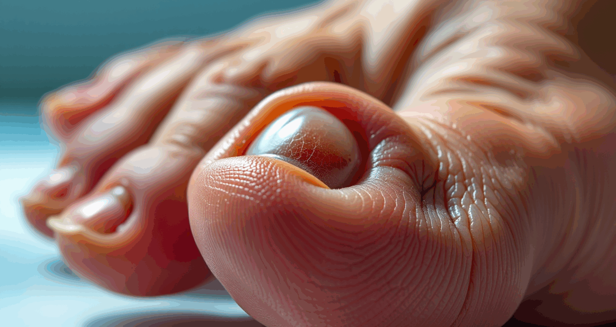 Zbliżenie na stopy z różnymi problemami paznokci, ilustrujące typowe choroby paznokci stóp i ich objawy.