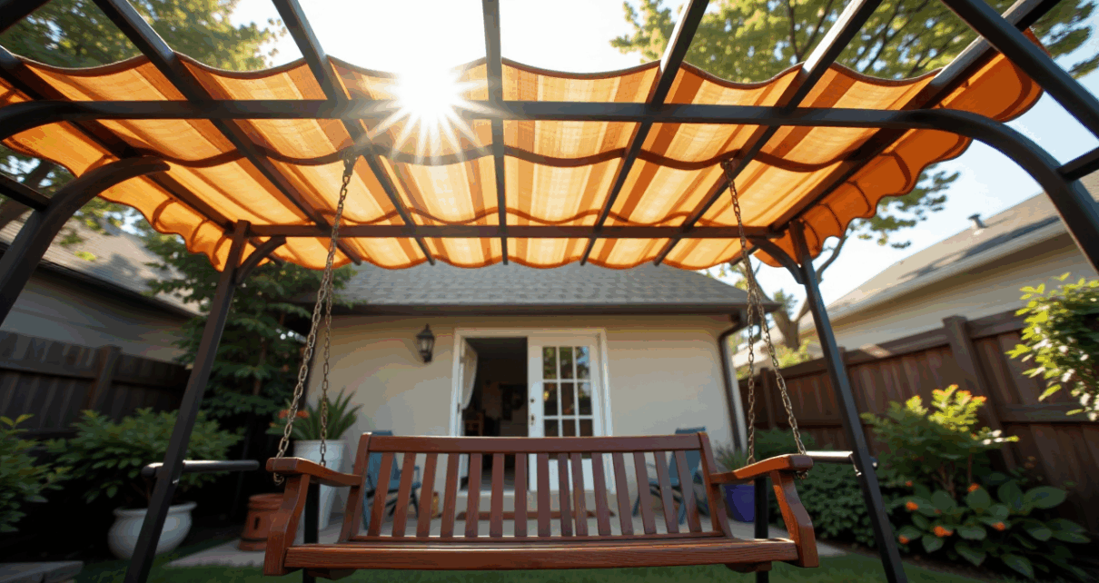 Nowoczesny daszek nad huśtawką ogrodową, zapewniający cień i ochronę przed słońcem.