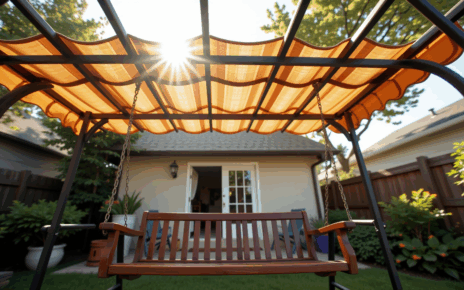 Nowoczesny daszek nad huśtawką ogrodową, zapewniający cień i ochronę przed słońcem.