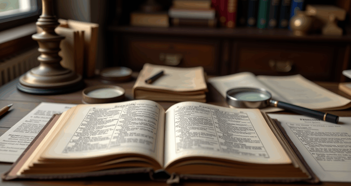 Starannie ułożone dokumenty, lupa oraz symbol drzewa genealogicznego, ilustrujące genealogia pochodzenie nazwiska i rodowe poszukiwania.