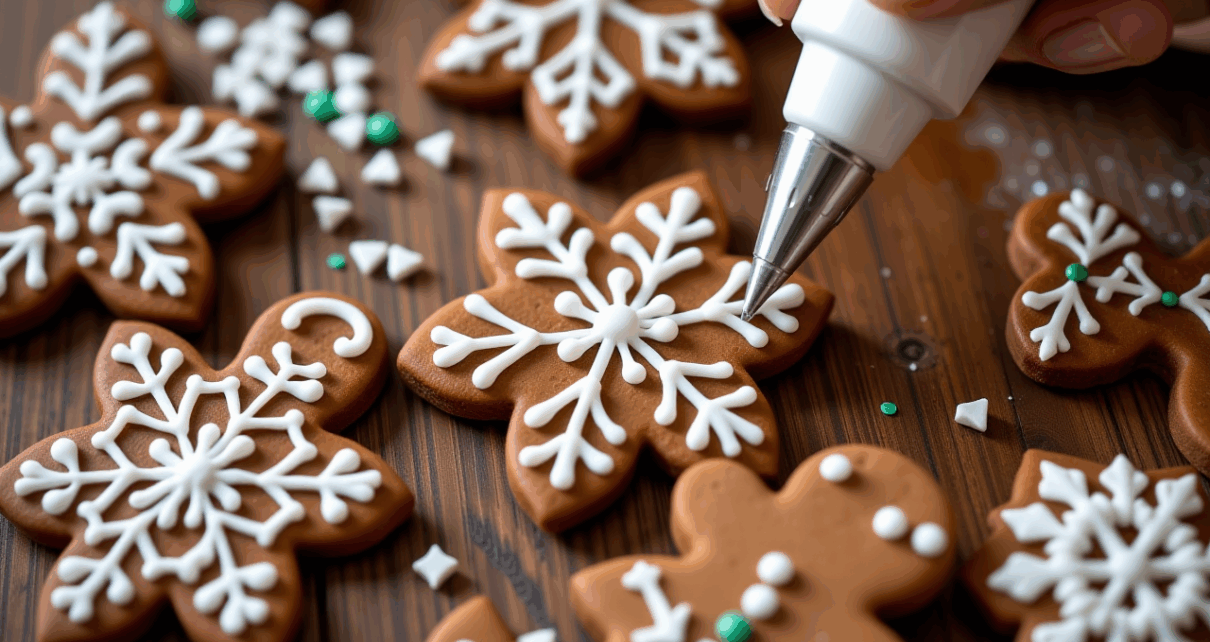 Ręce precyzyjnie ozdabiające piernik białym lukrem. Poznaj jak ozdobić piernik lukrem.