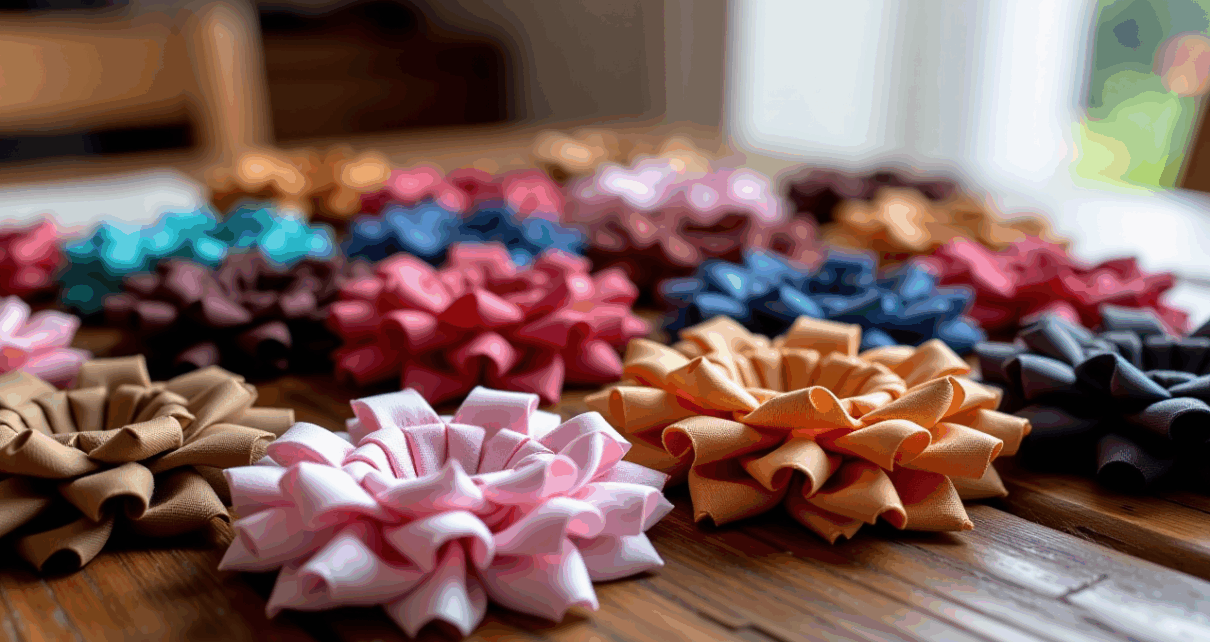 Kolorowe kotyliony ręcznie robione ze wstążki satynowej, ułożone na jasnym tle. Przedstawiają wzory i techniki DIY.