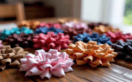 Kotyliony Ręcznie Robione ze Wstążki | Poradnik DIY Krok po Kroku 2 Kolorowe kotyliony ręcznie robione ze wstążki satynowej, ułożone na jasnym tle. Przedstawiają wzory i techniki DIY.