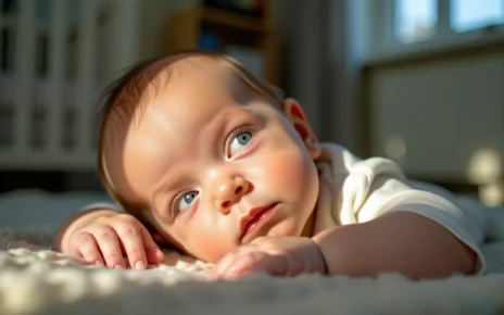 Dziecko na wadze, obok tablet z wykresem centylowym. Online kalkulator wagi niemowlaka do monitorowania rozwoju.