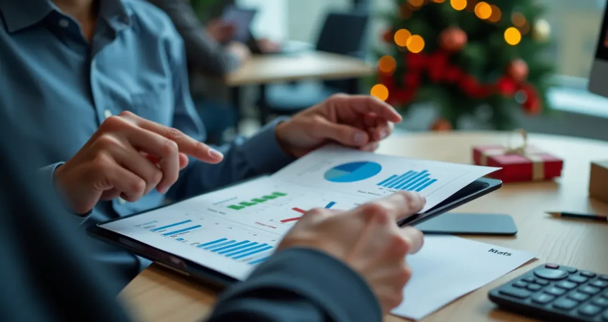 Uśmiechnięta para obliczająca wczasy pod gruszą kalkulator na laptopie, obok drzewko i monety.