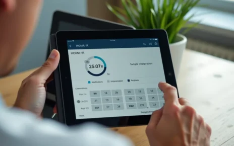 Osoba korzystająca z intuicyjnego interfejsu kalkulatora HOMA-IR online do interpretacji wyników badań.