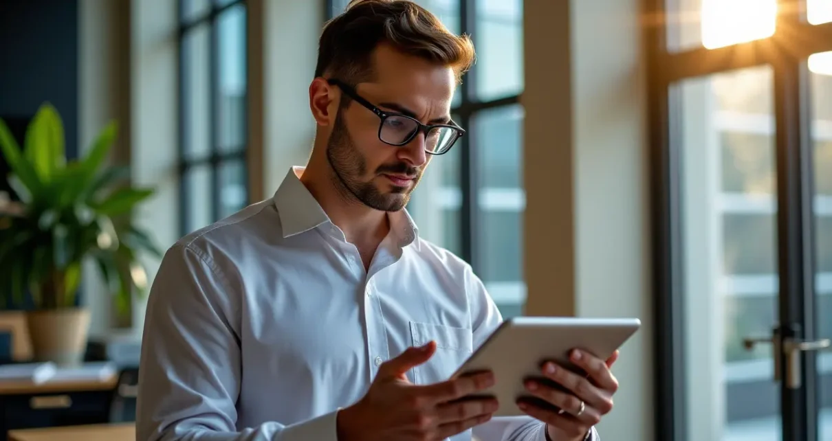 Kredyt Inwestycyjny Kalkulator dla Firm | Oblicz Ratę, Warunki Finansowania 1 Mężczyzna korzysta z aplikacji kredyt inwestycyjny kalkulator na tablecie, analizując finansowanie dla biznesu.