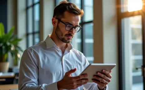 Kredyt Inwestycyjny Kalkulator dla Firm | Oblicz Ratę, Warunki Finansowania 3 Mężczyzna korzysta z aplikacji kredyt inwestycyjny kalkulator na tablecie, analizując finansowanie dla biznesu.