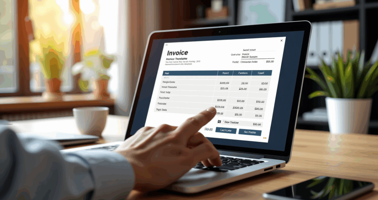 Ekran komputera wyświetlający różnorodne szablony faktur w formatach Excel, Word i PDF.