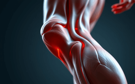 Ilustracja anatomiczna przedstawiająca ból pod kolanem z tyłu, skupiająca się na przyczynach dolegliwości.