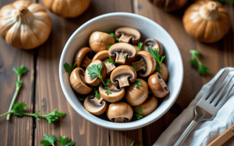 Sałatka z Pieczarkami Marynowanymi: Prosty Przepis, Klasyczny Smak 2 Świeża sałatka z pieczarkami marynowanymi, zieloną cebulką i natką pietruszki, idealna na obiad.