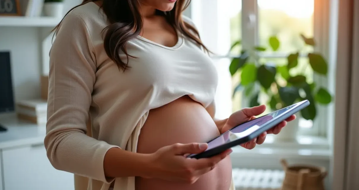 Kobieta w ciąży korzysta z laptopa, obliczając swoje wynagrodzenie chorobowe. Darmowy kalkulator wynagrodzenia chorobowego ciąża pomoże.