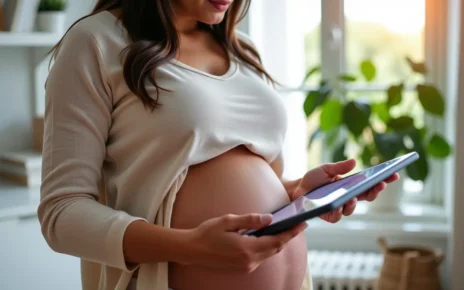 Kobieta w ciąży korzysta z laptopa, obliczając swoje wynagrodzenie chorobowe. Darmowy kalkulator wynagrodzenia chorobowego ciąża pomoże.