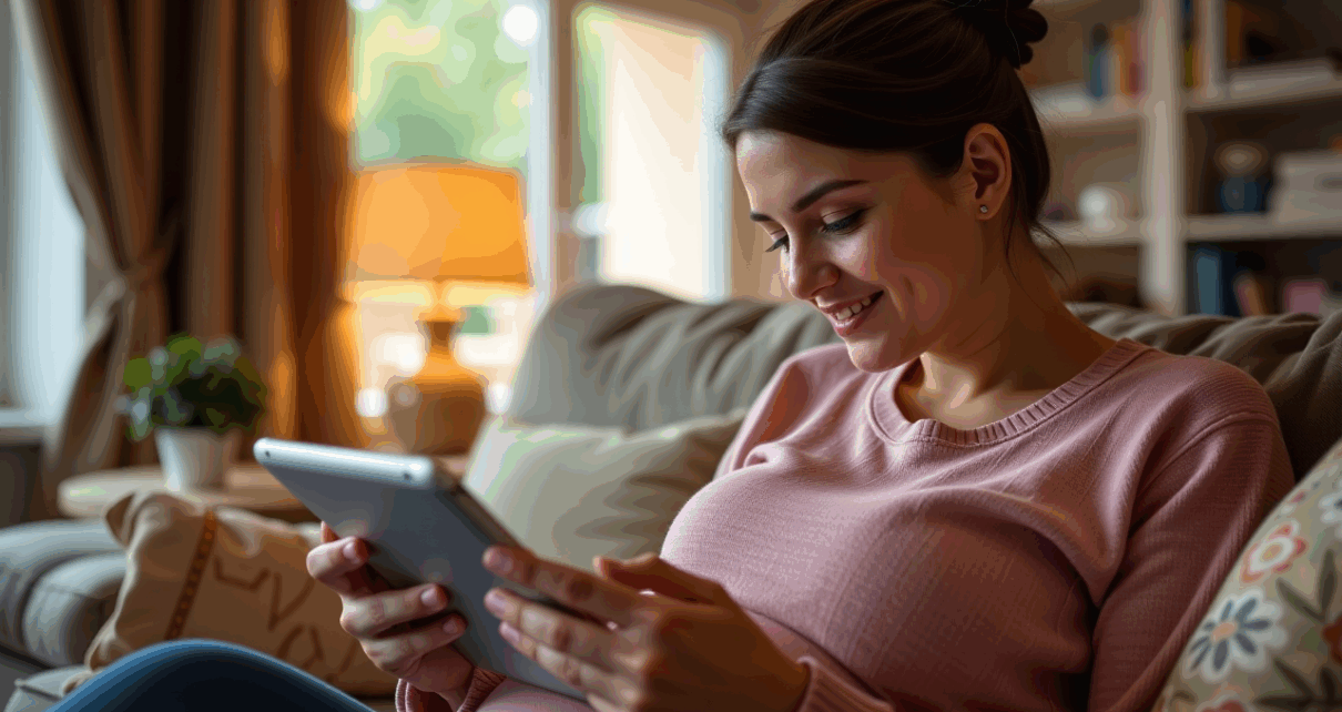 Kobieta korzystająca z laptopa, obliczająca zasiłek macierzyński. Strona internetowa prezentuje kalkulator urlopu macierzyńskiego.