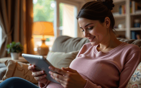 Kobieta korzystająca z laptopa, obliczająca zasiłek macierzyński. Strona internetowa prezentuje kalkulator urlopu macierzyńskiego.