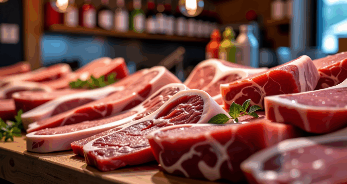 Jak powiedzieć 'mięso' po angielsku? Kompletny przewodnik po słownictwie mięsnym 1 Różne rodzaje mięsa na desce do krojenia, ilustrujące jak powiedzieć mięso po angielsku.