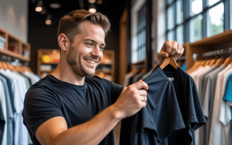 Rozmiarówki Koszulek Męskich: Kompleksowy Przewodnik i Jak Dobrać Idealny Rozmiar 1 Mężczyzna mierzący koszulkę w sklepie, obok tabela prezentująca rozmiarówki koszulek męskich.