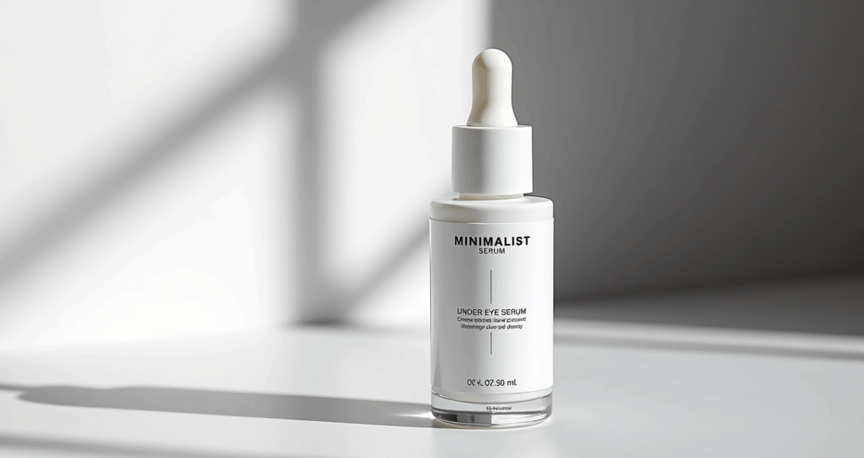 Kobieta delikatnie aplikuje minimalistyczne serum pod oczy, nawilżając skórę wokół oczu.