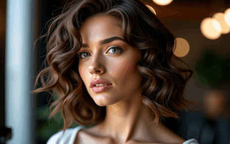 Kobieta z pięknymi, sprężystymi lokami, efekt nowoczesnej trwałej ondulacji. Naturalne, lśniące fale.