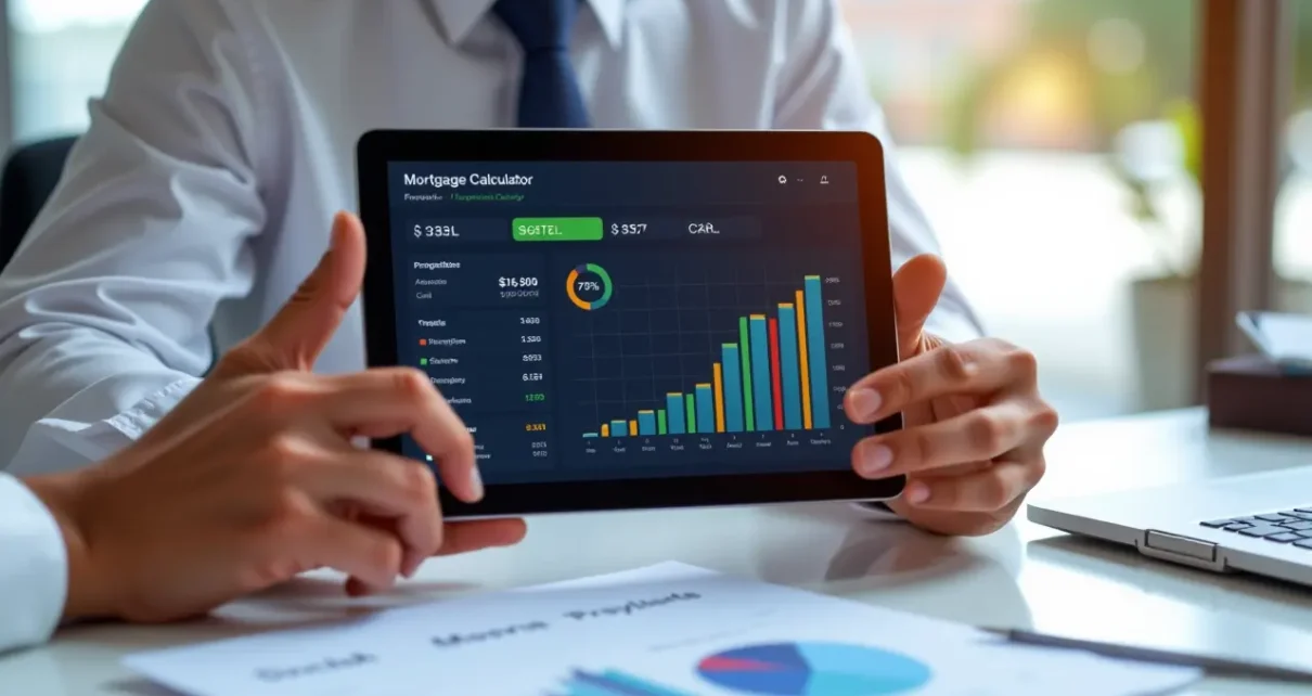 Nowoczesny kalkulator kredytowy hipoteczny, wyświetlający ratę, koszt całkowity oraz potencjalną zdolność kredytową.