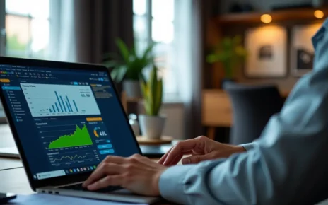 Wizualizacja danych finansowych, wykresów oraz cyfr prezentujących działanie kalkulatora kredytu hipotecznego online.