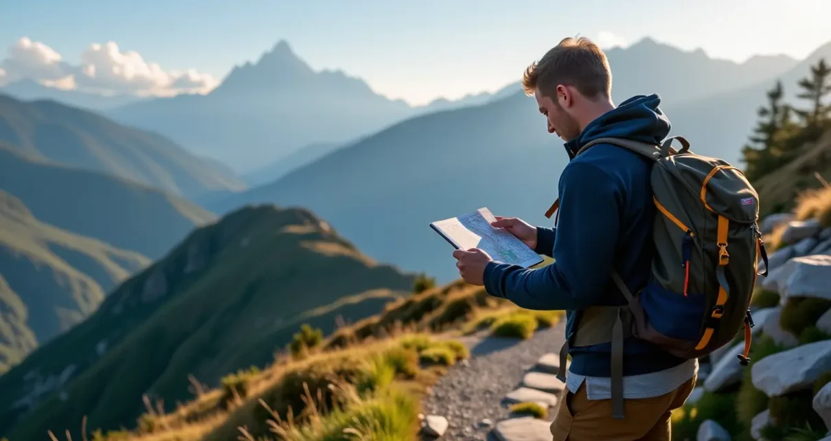 Turysta planuje trasę w górach, korzystając z mapy i kalkulatora czasu przejścia szlaku online.