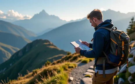Jak Obliczyć Czas Przejścia Szlaku Górskiego? Kompletny Przewodnik i Kalkulator Czasu Przejścia Szlaku Online 2 Turysta planuje trasę w górach, korzystając z mapy i kalkulatora czasu przejścia szlaku online.
