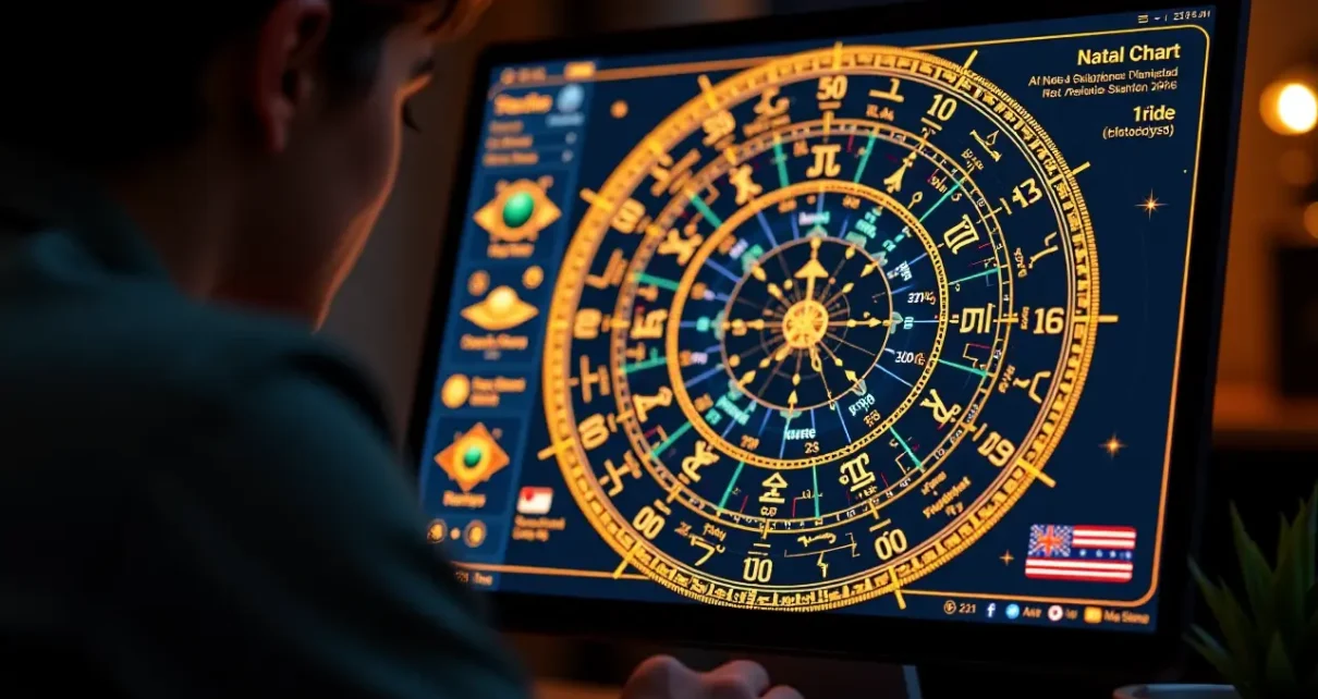 Grafika prezentująca kosmiczne symbole i wykres astrologiczny, symbolizująca darmowy kalkulator kosmogramu urodzeniowego online.