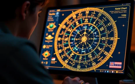 Darmowy Kalkulator Kosmogramu Urodzeniowego Online z Interpretacją | Stwórz Swój Wykres Astrologiczny 2 Grafika prezentująca kosmiczne symbole i wykres astrologiczny, symbolizująca darmowy kalkulator kosmogramu urodzeniowego online.