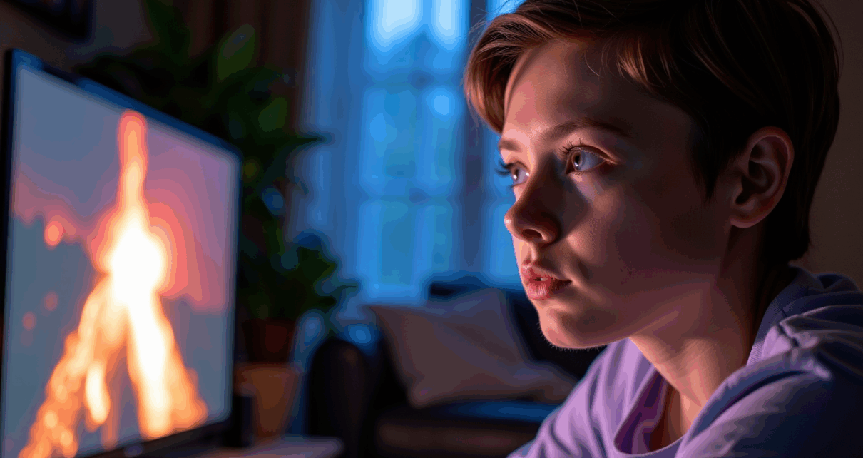 Uśmiechnięty mężczyzna ogląda film Nikoś online na ekranie laptopa, sprawdzając legalne źródła.