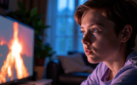 Uśmiechnięty mężczyzna ogląda film Nikoś online na ekranie laptopa, sprawdzając legalne źródła.