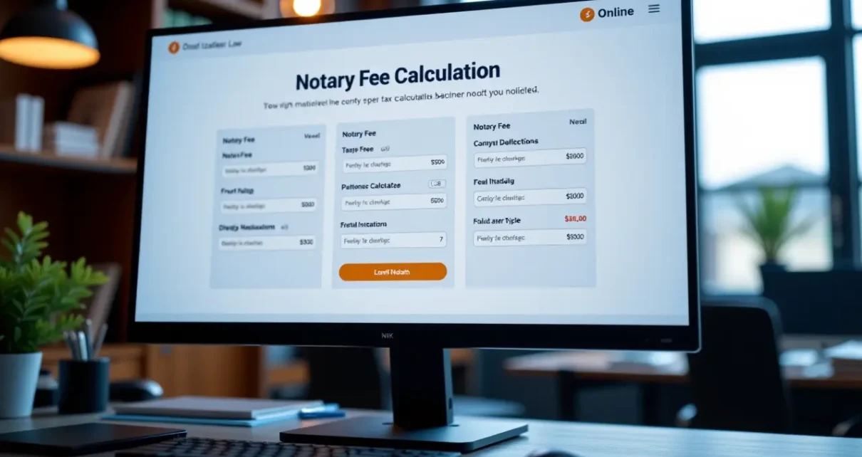 Kalkulator taksy notarialnej - Oblicz koszty notarialne i podatki online 1 Monitor przedstawiający interfejs kalkulatora taksy notarialnej do szybkiego obliczania kosztów transakcji.