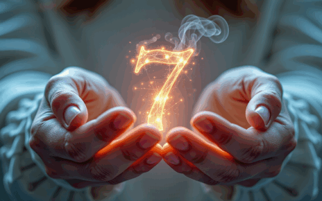 Kobieta medytująca w otoczeniu liczb i symboli numerologicznych reprezentujących rok 2023 i liczbę 7.