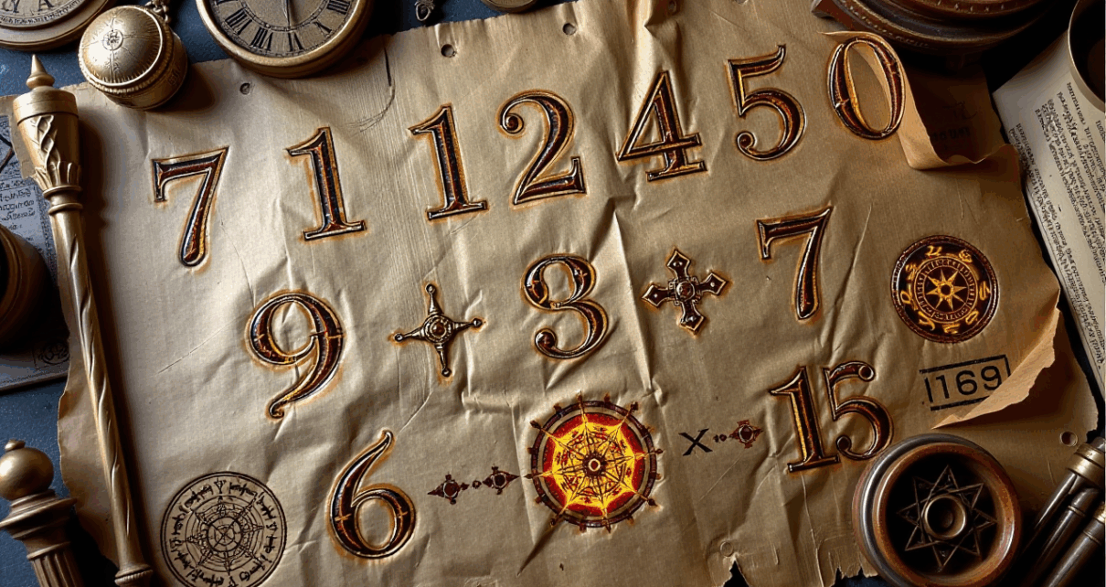 Symboliczne przedstawienie liczb od 1 do 9, w tym mistrzowskich i karmicznych, na tle ezoterycznym.