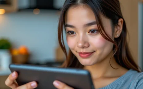 Osoba korzysta z kalkulatora zapotrzebowania kalorycznego online, planując dzienne kalorie. Wyniki na ekranie komputera.