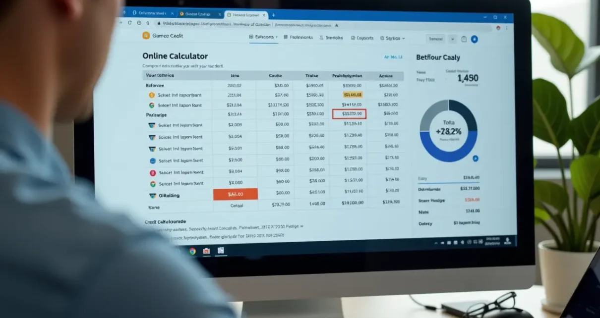 Interfejs darmowego kalkulatora kredytowego online wyświetlający szczegóły spłaty kredytu, w tym raty, koszty i harmonogram.
