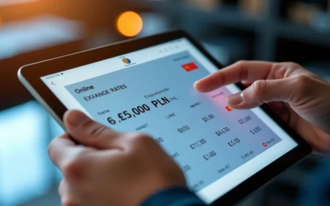 Interfejs kalkulatora walut online pokazujący przelicznik Euro, USD na PLN z aktualnymi kursami.