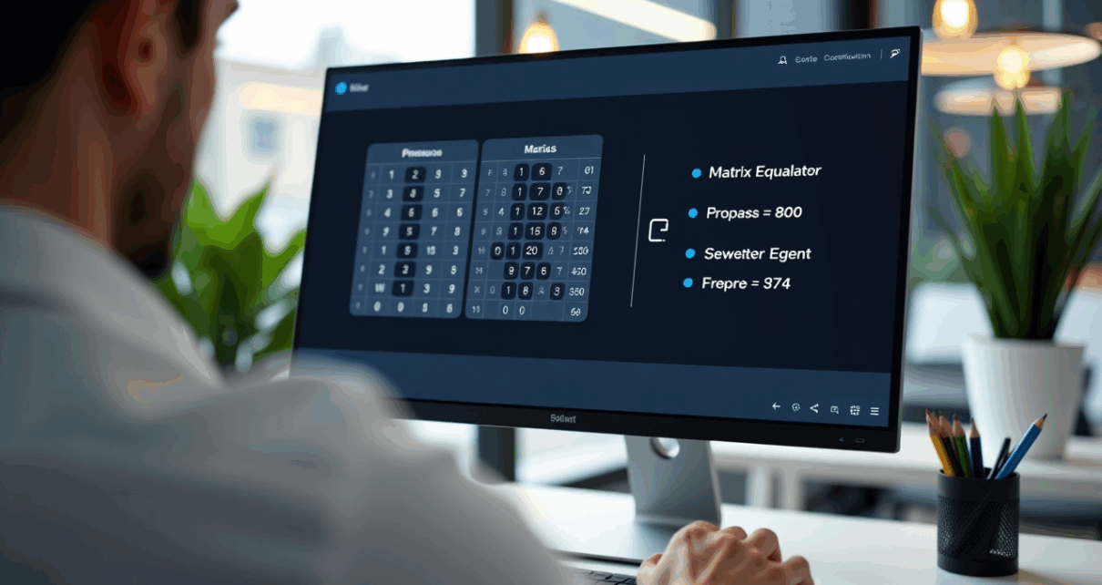 Kalkulator Macierzy Online: Twoje Niezbędne Narzędzie do Obliczeń Macierzowych 1 Wizualizacja interfejsu cyfrowego przedstawiającego macierz oraz panel z funkcjami, obrazujący kalkulator macierzy online.