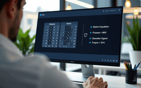Wizualizacja interfejsu cyfrowego przedstawiającego macierz oraz panel z funkcjami, obrazujący kalkulator macierzy online.