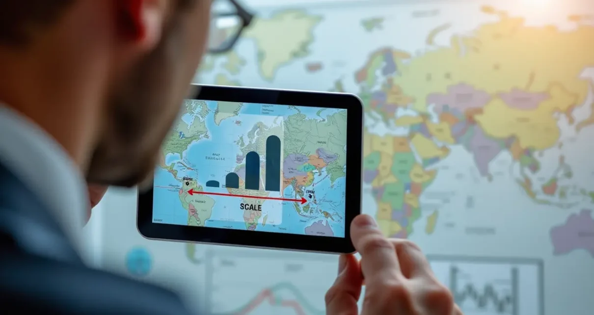 Narzędzie cyfrowe przedstawiające kalkulator skali online do precyzyjnego przeliczania wymiarów dla map i projektów technicznych.