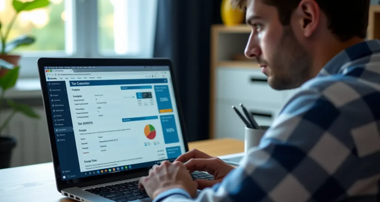 Mężczyzna oblicza swój podatek dochodowy używając kalkulator PIT-37 2022 online na laptopie, widoczny ekran z wynikami.