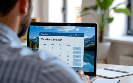 Interaktywny kalkulator urlopu wypoczynkowego online wyświetlający wyniki obliczeń na ekranie komputera.