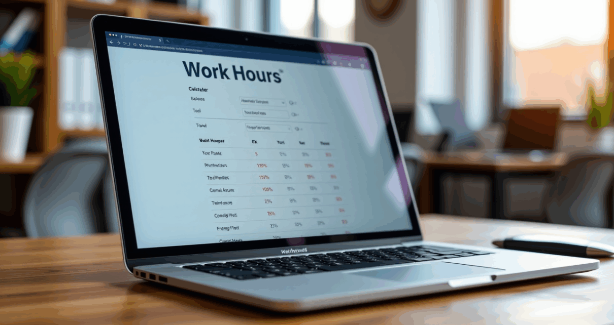 Kalkulator Godzin Pracy Online – Precyzyjne Obliczanie Czasu Pracy 1 Interaktywny kalkulator godzin pracy online, pokazujący precyzyjne obliczenia czasu pracy na ekranie.