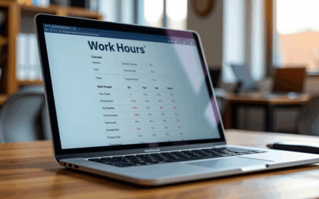 Interaktywny kalkulator godzin pracy online, pokazujący precyzyjne obliczenia czasu pracy na ekranie.