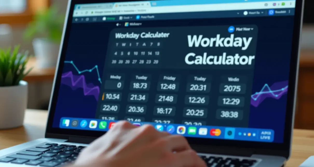 Kalkulator dni roboczych między datami online, interfejs z datami początkową, końcową i wynikiem.