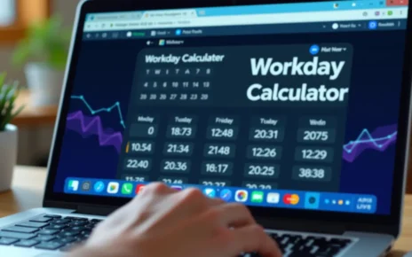 Kalkulator dni roboczych między datami online, interfejs z datami początkową, końcową i wynikiem.