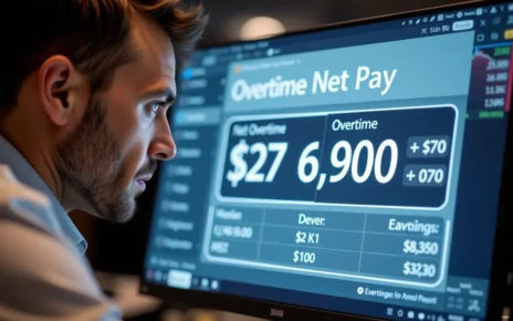 Użytkownik oblicza wynagrodzenie za nadgodziny netto, korzystając z interaktywnego kalkulatora. Narzędzie ułatwia sprawdzenie zarobków.