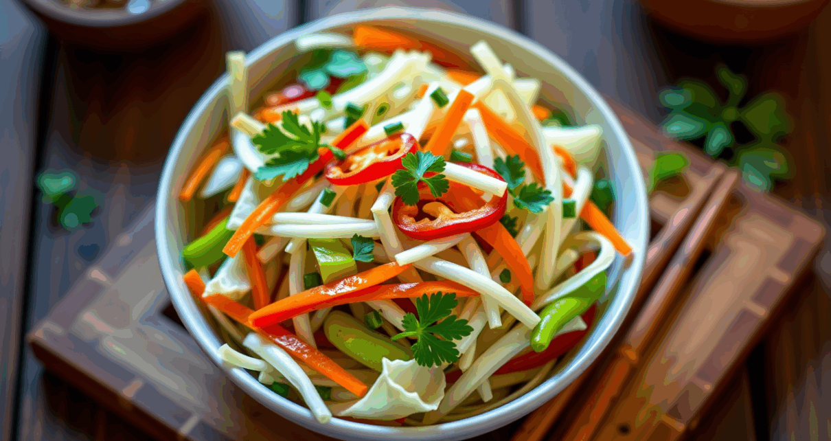 Świeża, kolorowa sałatka z kapusty pekińskiej na białym talerzu, prezentująca przepisy na sałatki z kapustą pekińską.