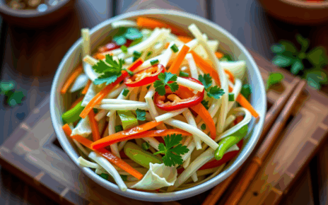 Przepisy na Sałatki z Kapusty Pekińskiej: Szybkie, Zdrowe i Pyszne 2 Świeża, kolorowa sałatka z kapusty pekińskiej na białym talerzu, prezentująca przepisy na sałatki z kapustą pekińską.