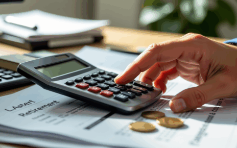 Kalkulator finansowy obliczający kwotę emerytury brutto i netto, z monetami obok.